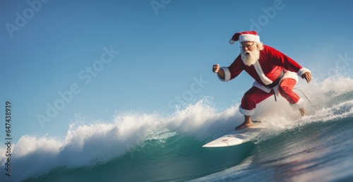 Santa Claus catching a wave on a vibrant surfboard in the tropical ocean, Surfing Santa concept, copy space 
