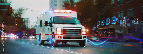 quick response medical ambulance vehicle or truck speeding on the way for accident or health care emergency services concepts as wide banner with infographic information photo