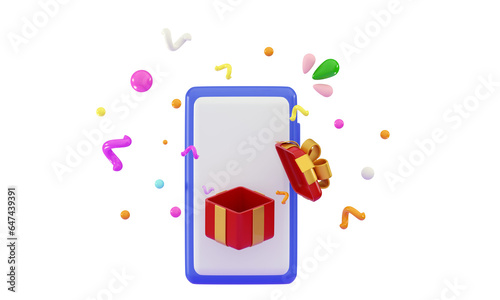 3D Party confetti on mobile phone Cute cartoon smartphone with open gift box with celebratory confetti