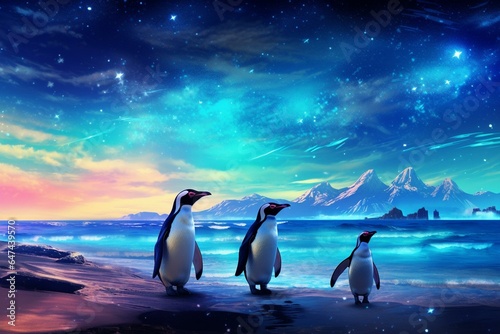 Image shows penguins strolling on beach beneath majestic night sky filled with galaxies  with ocean waves and luminous backdrop. Generative AI