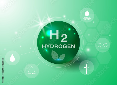 H2 Hydrogen Molecule Gas Pump. Floating round elements and molecules with text H2 and Hydrogen. Ecology, biology and biochemistry concept of renewable fuel green energy