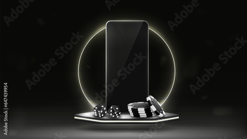 A smartphone with dice and poker chips on a hexagonal podium with a neon frame in black and white. A concept for a casino with a mobile phone.