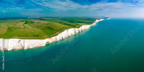 An aerial drone view of the Seven Sisters cliffs on the East Sussex coast, UK