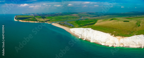 An aerial drone view of the Seven Sisters cliffs on the East Sussex coast, UK