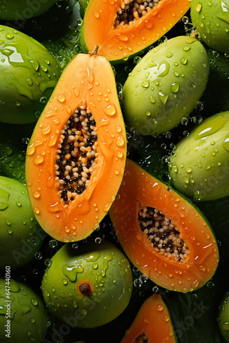 Fresh Papaya with Droplets of Water, Close-Up
