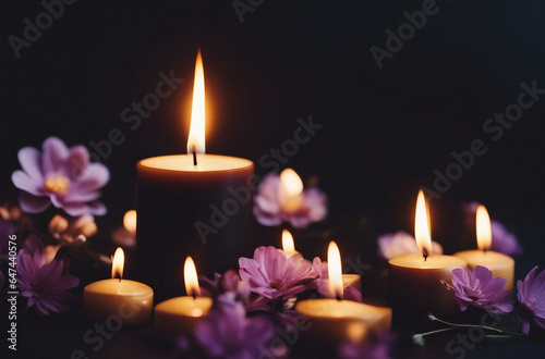 Burning candles and flowers on a black background with space for text. Funeral concept.