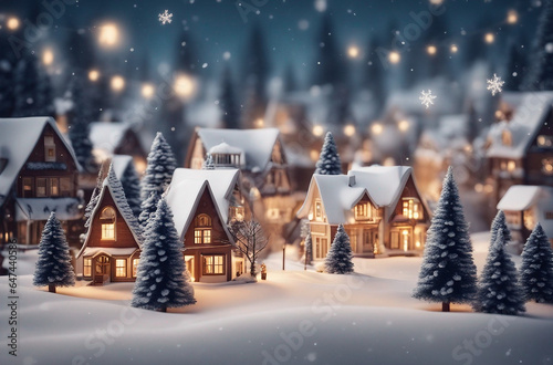 Christmas village with snow in vintage style. Winter village landscape. Christmas Holidays