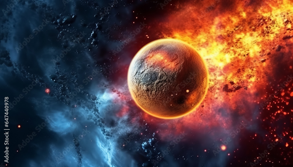 Obraz premium Unknown planet, space, large planet absorbs another. Generative AI