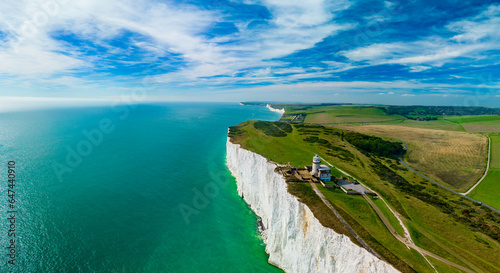 An aerial drone view of the Seven Sisters cliffs on the East Sussex coast, UK