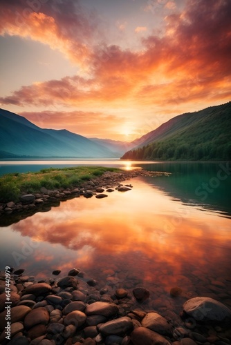 Lake with Moutains at Sunset 