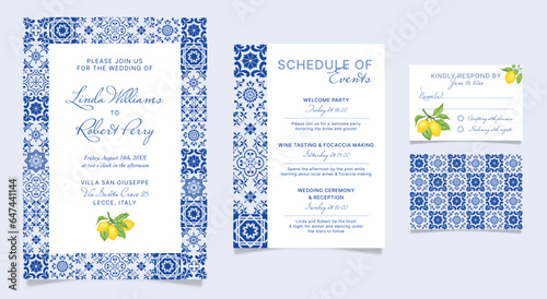 Blue Tile Wedding Invitation, bridal shower vector