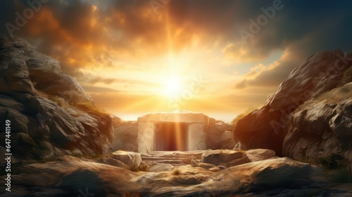 Empty tomb at sunrise - resurrection concept created with Generative AI