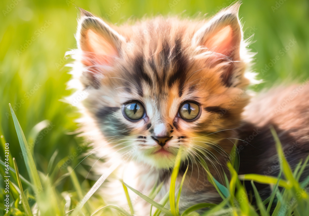Cute little kitten sitting in the grass on a sunny day.