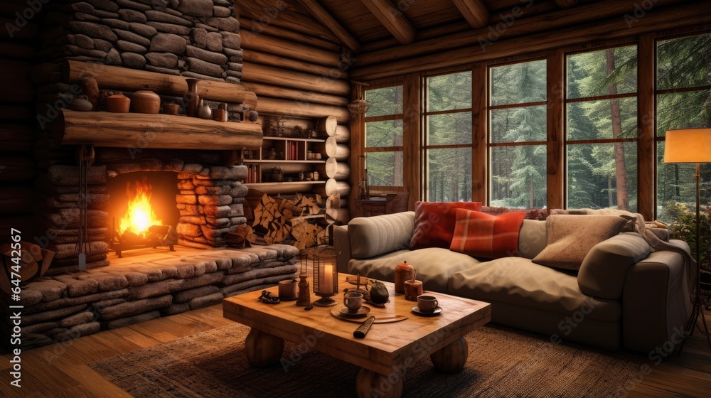 Interior of a wooden log cabin with a warm and textured log wall.
