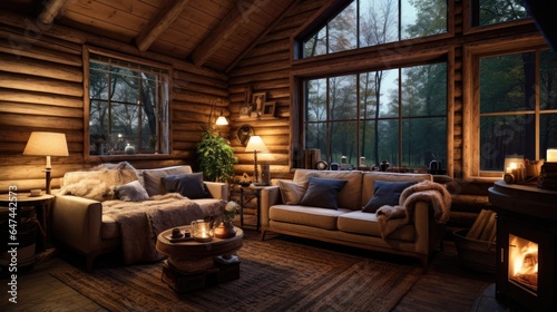 Interior of a wooden log cabin with a warm and textured log wall. © kept