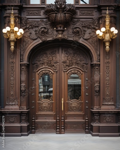 Majestic historical building with ornate wooden doors. © kept