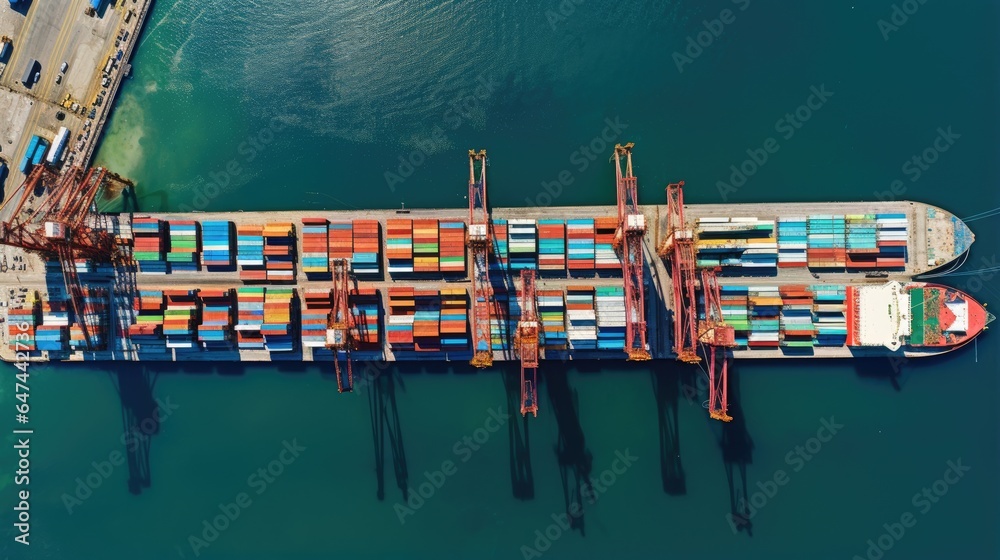 A massive container ship filled with colorful cargo containers at a commercial port.