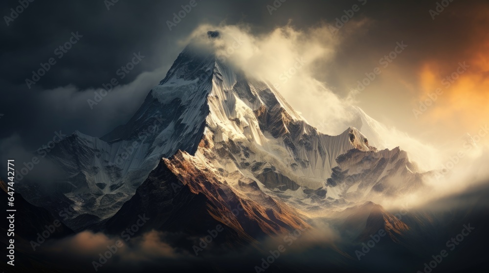 Obraz premium The morning sun breaks through heavy storm clouds, illuminating a rocky mountain peak.