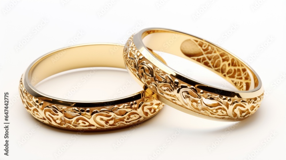Two exquisite gold wedding rings on a white background. Two exquisite gold wedding rings on a white background.