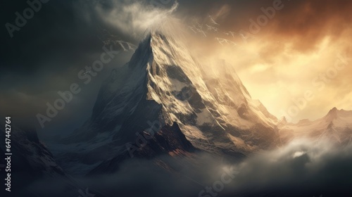 The morning sun breaks through heavy storm clouds, illuminating a rocky mountain peak.