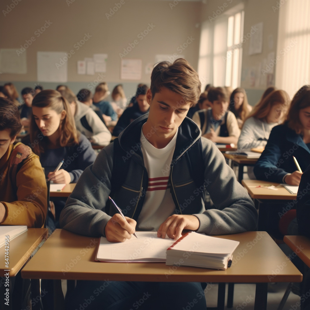 handsome young man writing down in his notebook in class