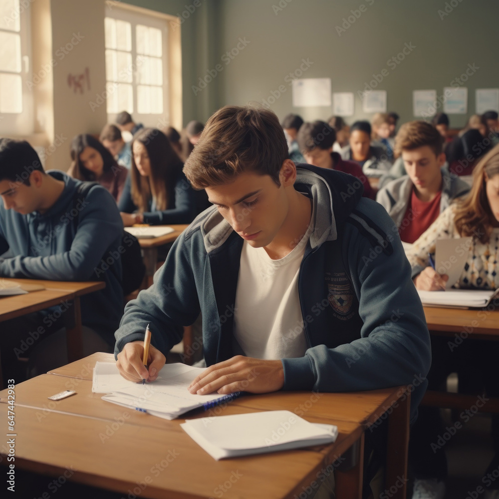 handsome young man writing down in his notebook in class with good lighting handsome young man writing down in his notebook in class with good lighting