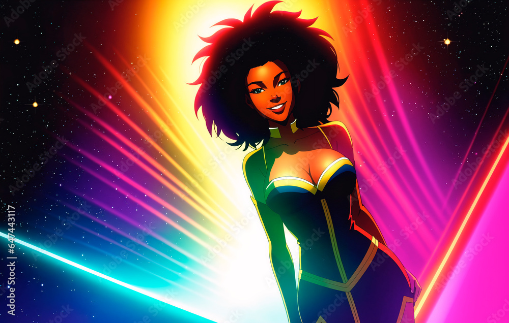 Beautiful african american woman with curly hair posing in nightclub. Beautiful african american woman with curly hair posing in nightclub.