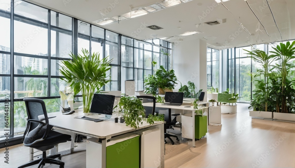 Fototapeta premium Eco-friendly office interior with air-purifying plants, reducing CO2