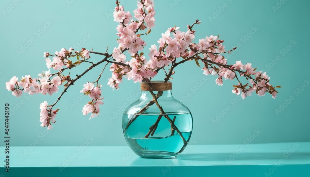 Home interior with pink blossoms - glass vase on glass table near blank turquoise wall, modern living room with copy space Home interior with pink blossoms - glass vase on glass table near blank turquoise wall, modern living room with copy space