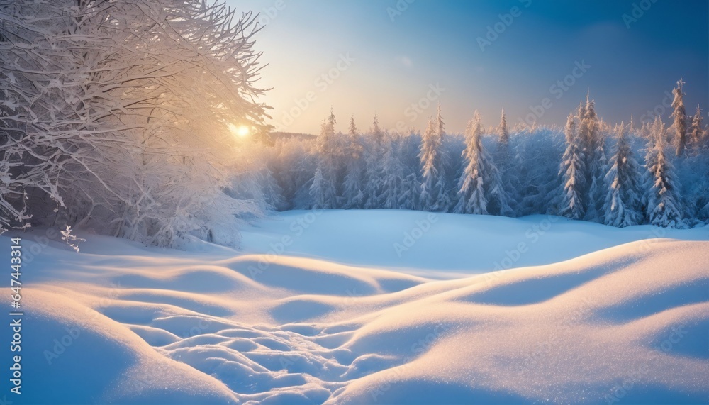 Winter snow scene with snowdrifts, beautiful light and snow flakes on blue sky in the evening, banner format, copy space