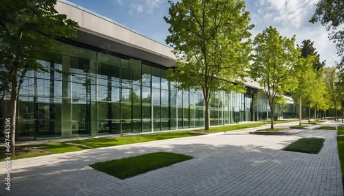 Sustainable building with trees and green environment: Eco-friendly glass office © ibreakstock