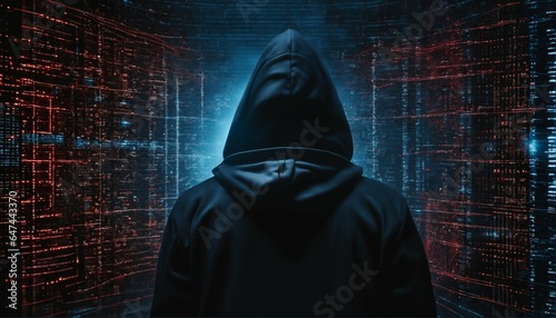 Black hoodie hacker with network of glowing data and intricate code - cybersecurity