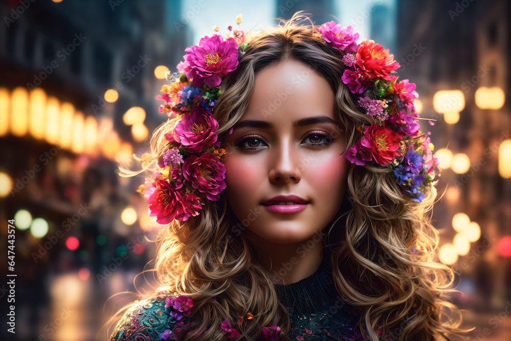 Beautiful young brunette woman in a wreath of flowers. Beautiful young brunette woman in a wreath of flowers.