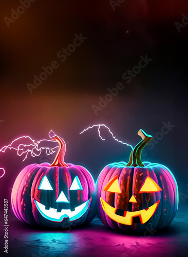 smiling pumpkins on halloween with neon lights, party invitation type background