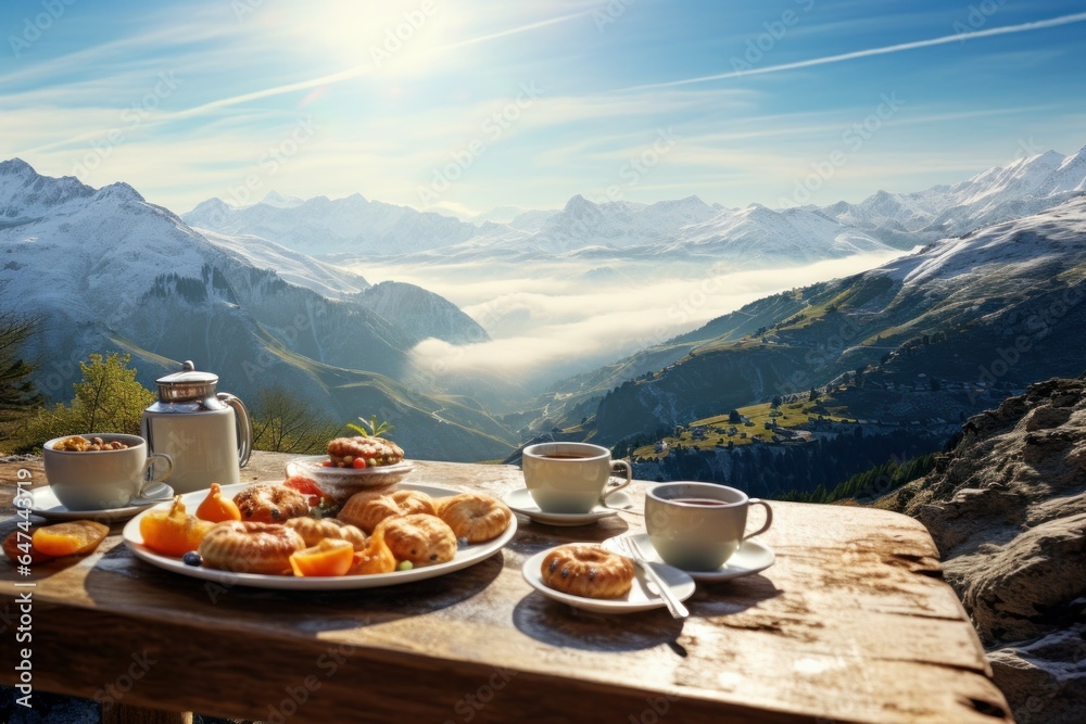 Breathtaking Breakfast mountains winter. Dinner terrace. Generate Ai - obrazy, fototapety, plakaty 