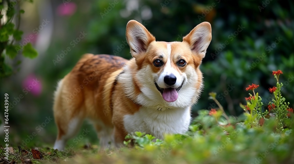 playful corgy on a lawn, grass field