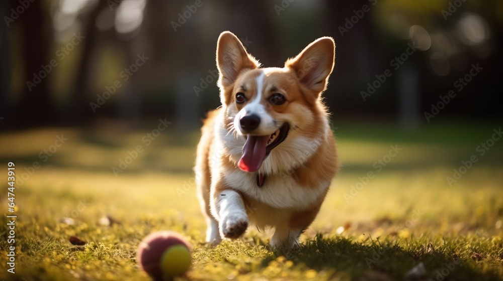playful corgy on a lawn, grass field playful corgy on a lawn, grass field