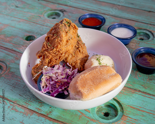 chicken freid chicken with side dishes, american style photo