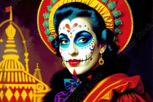 Woman in Day of the Dead makeup and apparel, Generative AI