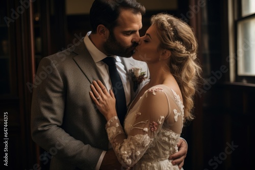 Romantic Bride groom embrace kiss fashion. Happy man. Generate Ai