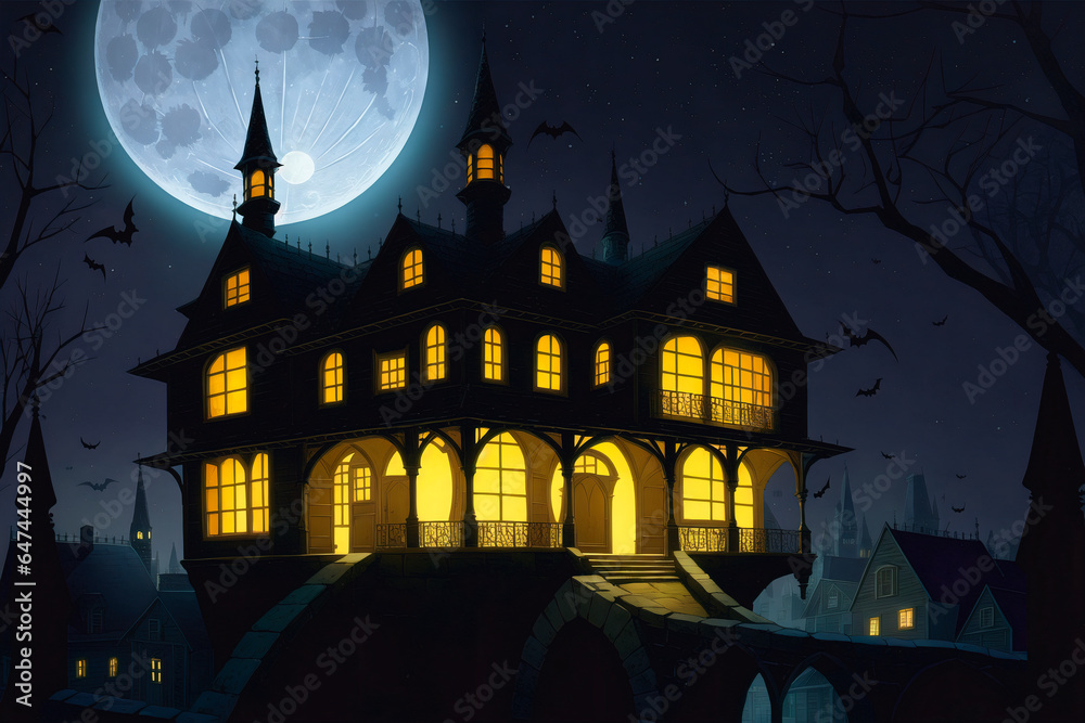 Halloween background with haunted house and full moon. Halloween concept. Halloween background with haunted house and full moon. Halloween concept.