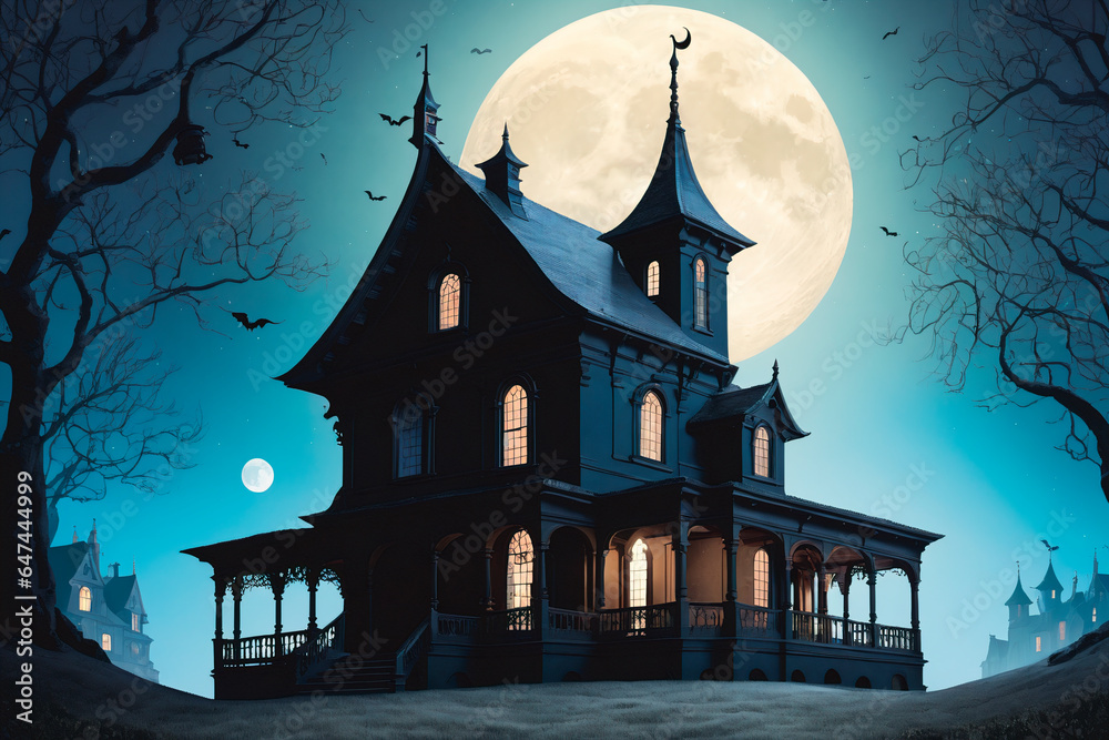 Halloween background with haunted house and full moon. Halloween concept.