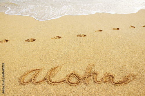 Aloha Written In Sand With Footprints And Wave Wash.