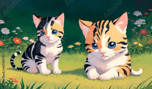 Two kittens sitting on the grass and looking at the camera