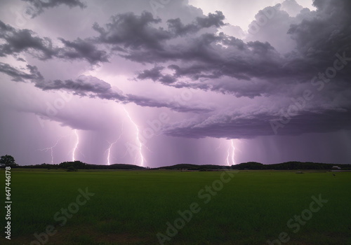 Thunderstorm over a green meadow. Dramatic sky with lightning.