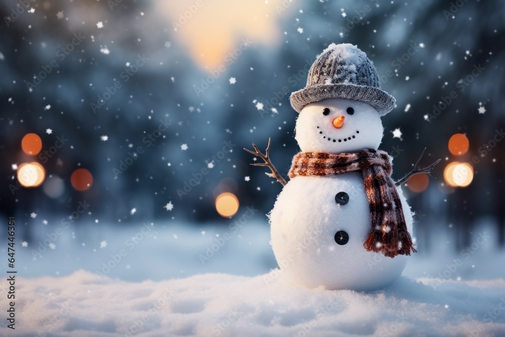 Happy Snowman as a symbol of Christmas and New Year. Welcome to winter holidays concept