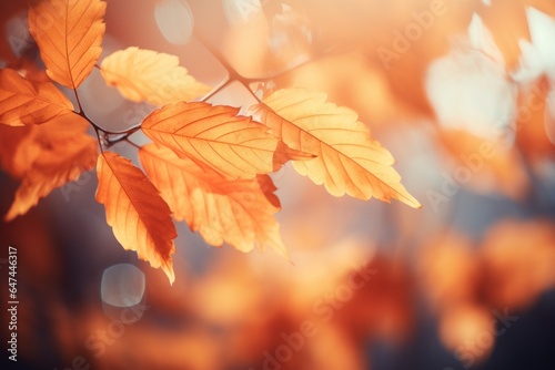 Autumn leaves on a branch. Background with selective focus and copy space