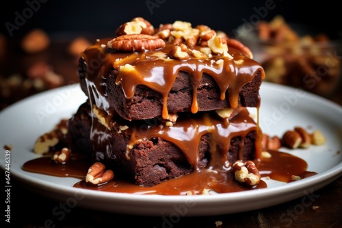 Decadent Brownies caramel nuts. Bakery dessert. Generate Ai