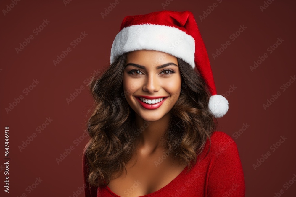 Portrait of a beautiful woman wearing a red Santa hat Portrait of a beautiful woman wearing a red Santa hat