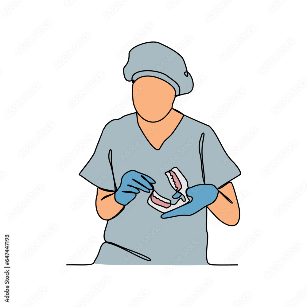 One continuous line drawing of Dentist profession with white background. Dentist profession design concept in simple linear style. Dentist profession design concept vector illustration. One continuous line drawing of Dentist profession with white background. Dentist profession design concept in simple linear style. Dentist profession design concept vector illustration.